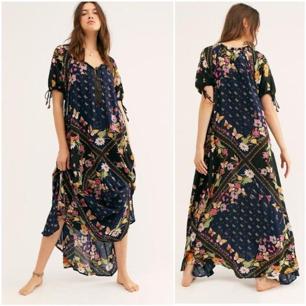 Free People Small Maxi Dress Butterfly Print Puff Sleeves Tiered Gyspy Hippie